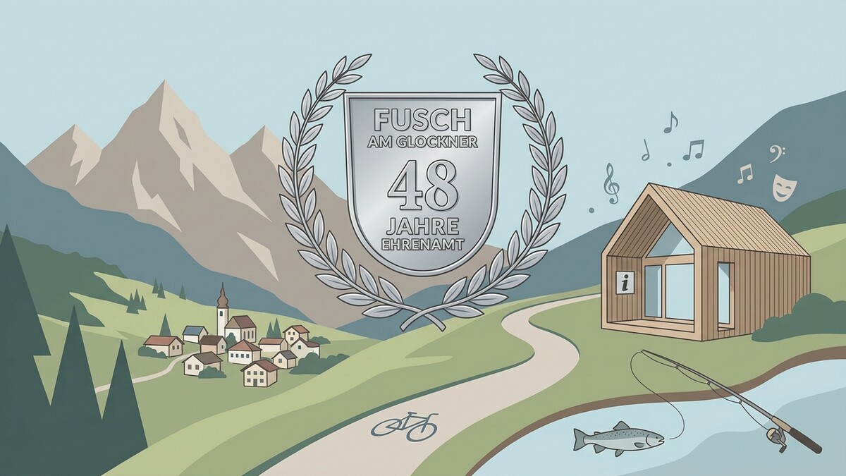 Fusch am Glockner 48 Jahre Ehrenamt: Alpenpanorama mit Dorf, Holzhütte, Angel und Bergen
