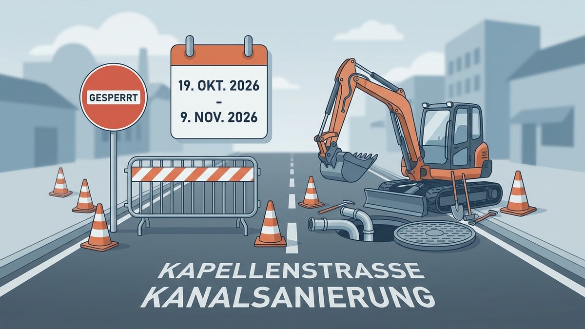 Kanal-Sanierung Kapellenstraße: Baustelle mit Bagger, Absperrungen und Kalender