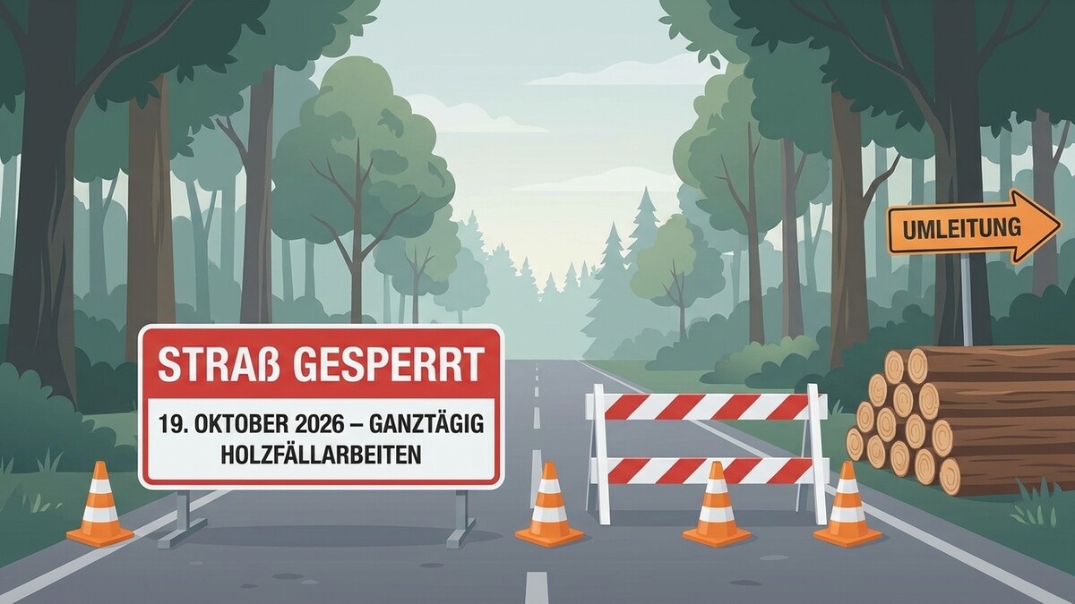 Straßensperre wegen Holzarbeiten am 19. Oktober 2026 mit Umleitungsschild und Holzstapel