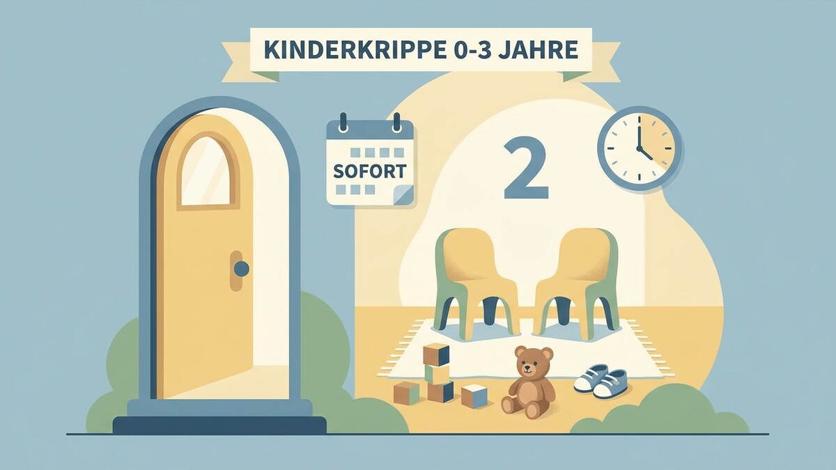 Kinderkrippe 0-3 Jahre: Tür, Kalender, Uhr, zwei Stühle, Teddy und Spielzeug