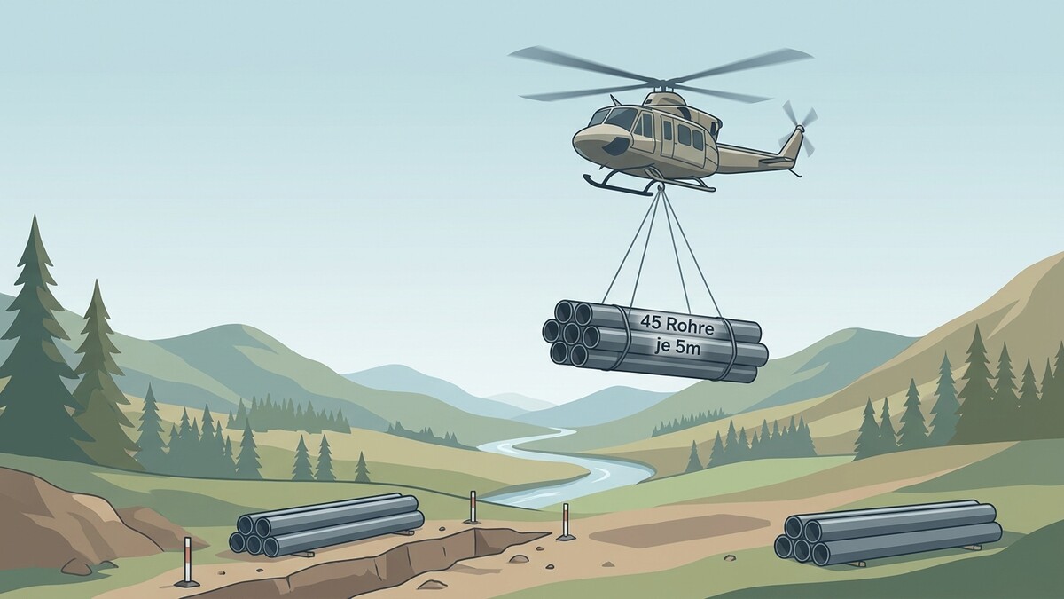 Helikopter transportiert Rohre über Berglandschaft mit Fluss und Bäumen