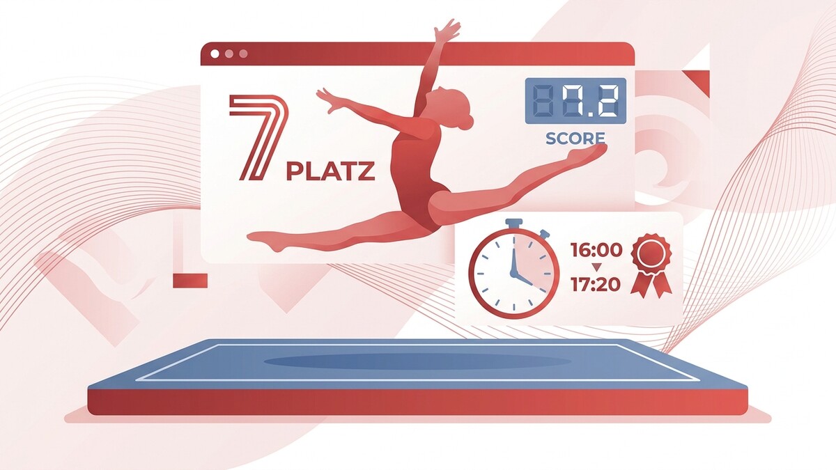 Turnerin auf 7. Platz mit 87.2 Punkten, Stoppuhr und Medaille.
