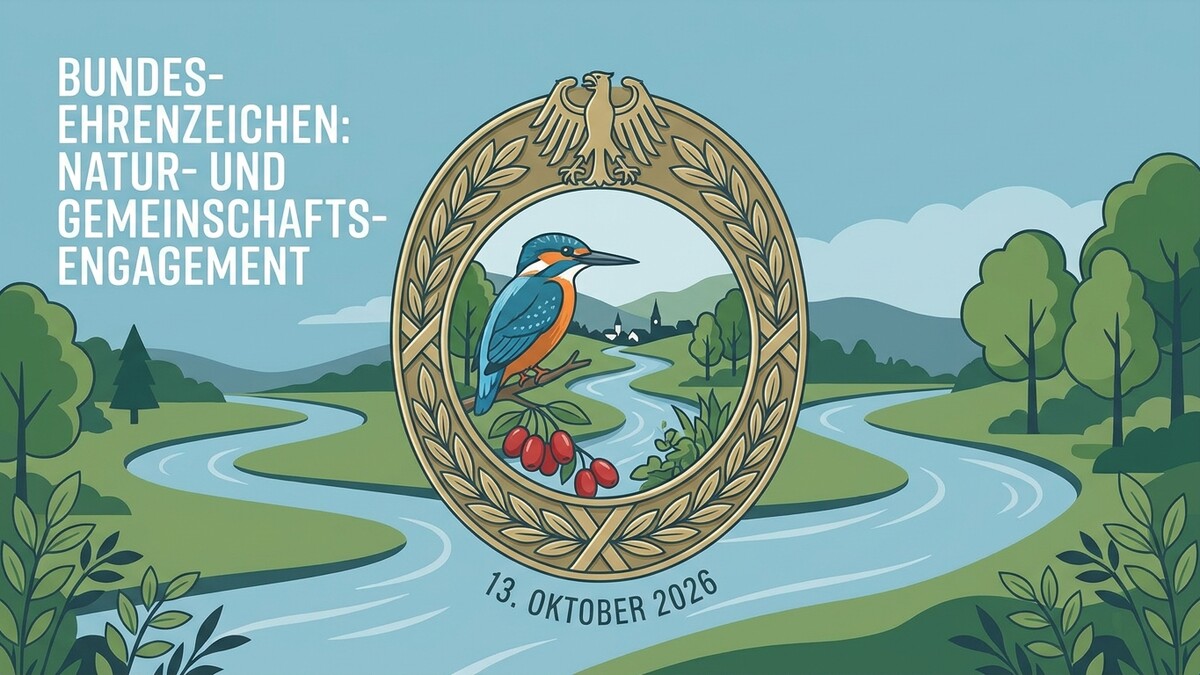 Bundes-Ehrenzeichen Natur und Gemeinschaftsengagement mit Eisvogel und Flusslandschaft