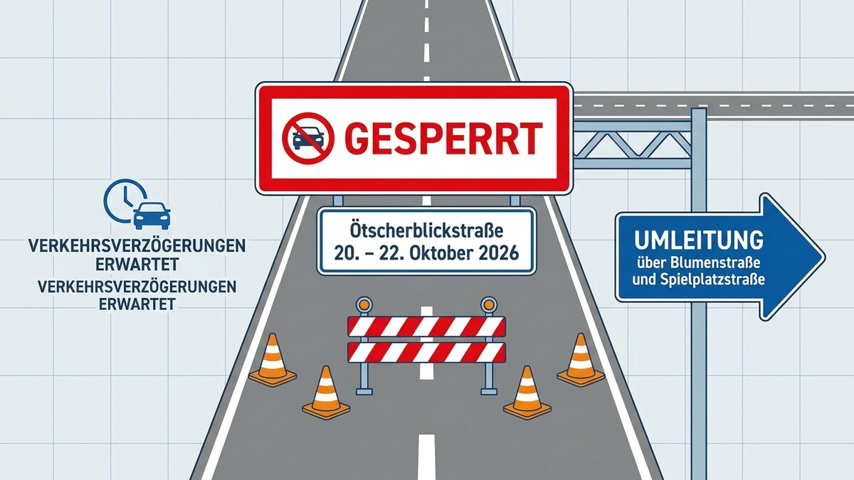 Ötscherblickstraße gesperrt 20.-22. Oktober 2026, Umleitung über Blumenstraße und Spielplatzstraße