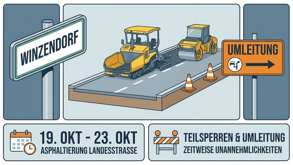 Asphaltierungsarbeiten in Winzendorf: Straßenwalze und Asphaltfertiger im Einsatz, Umleitungsschild.