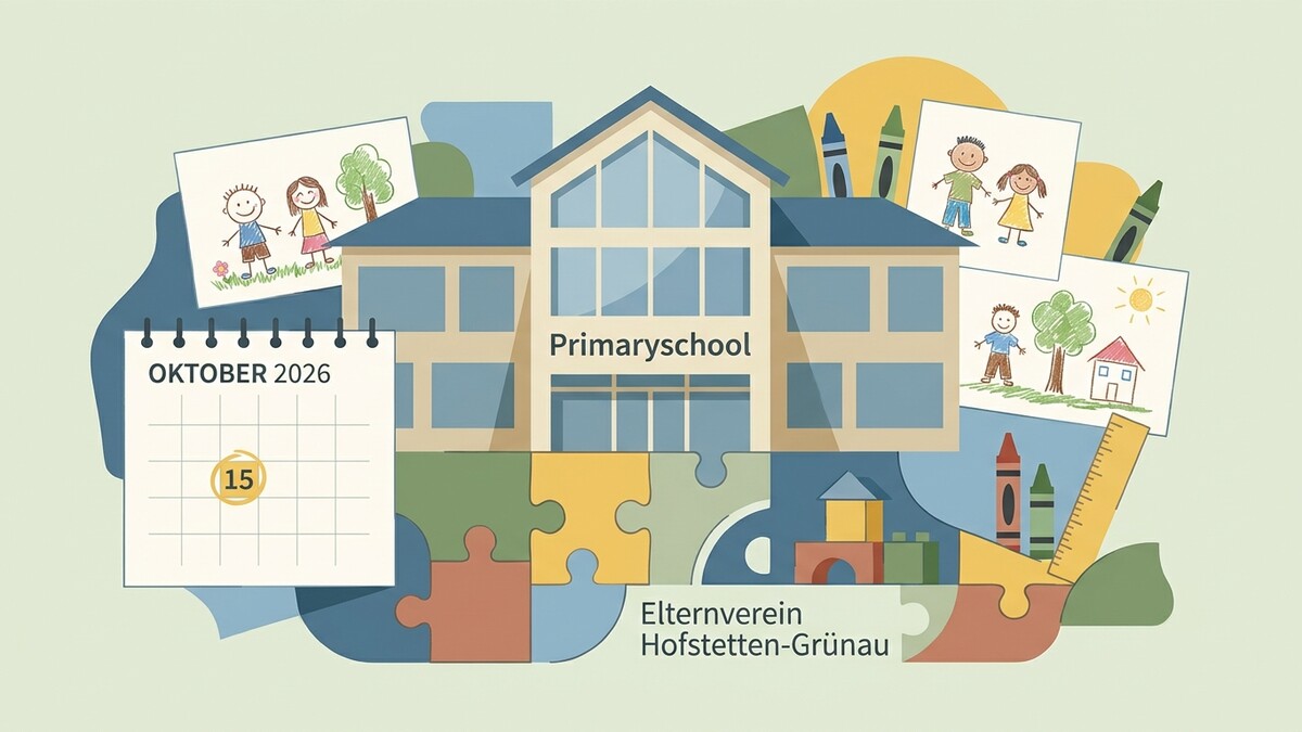 Primaryschool mit Datum 15. Oktober 2026, Kinderzeichnungen, Buntstiften und Puzzleteilen.