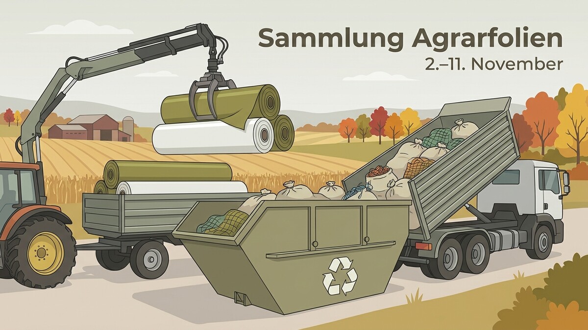 Sammlung Agrarfolien: Traktor mit Kran lädt Rollen, LKW kippt Säcke in Container
