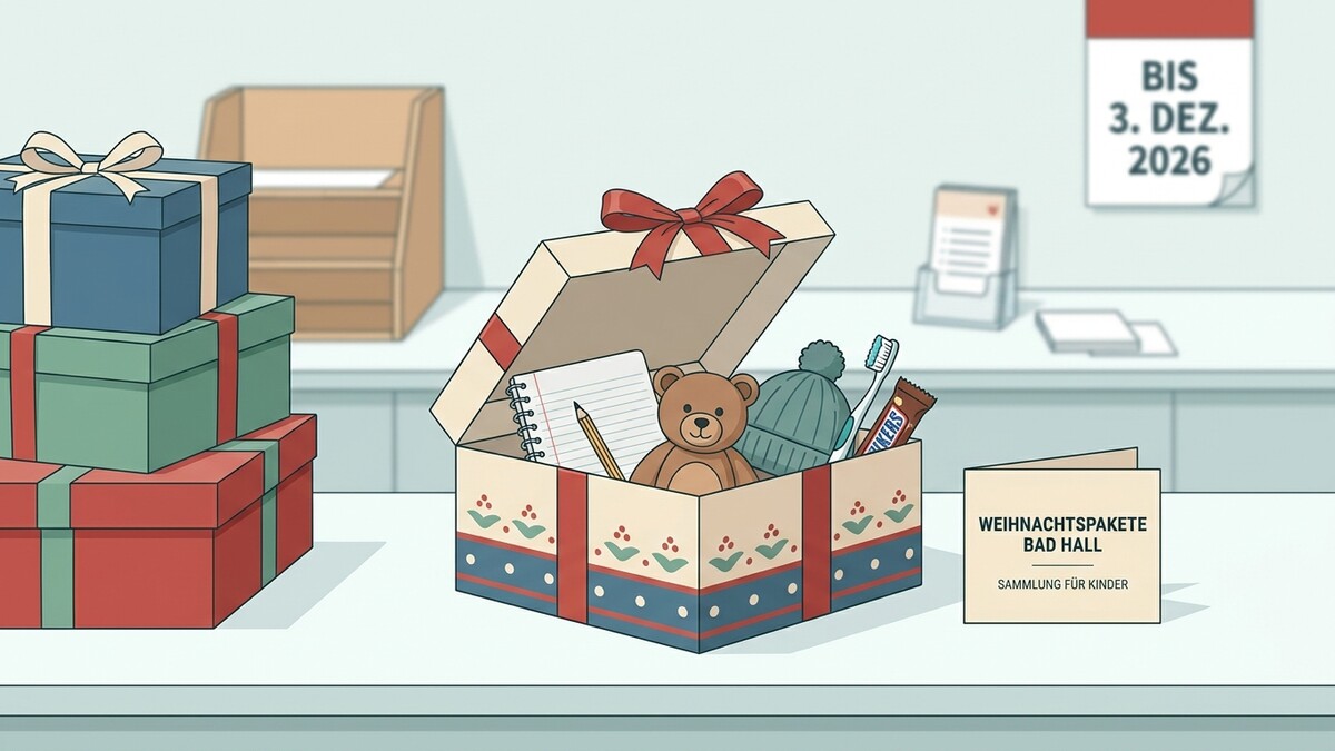 Weihnachtspakete Sammlung für Kinder in Bad Hall mit Teddy, Mütze und Schreibutensilien