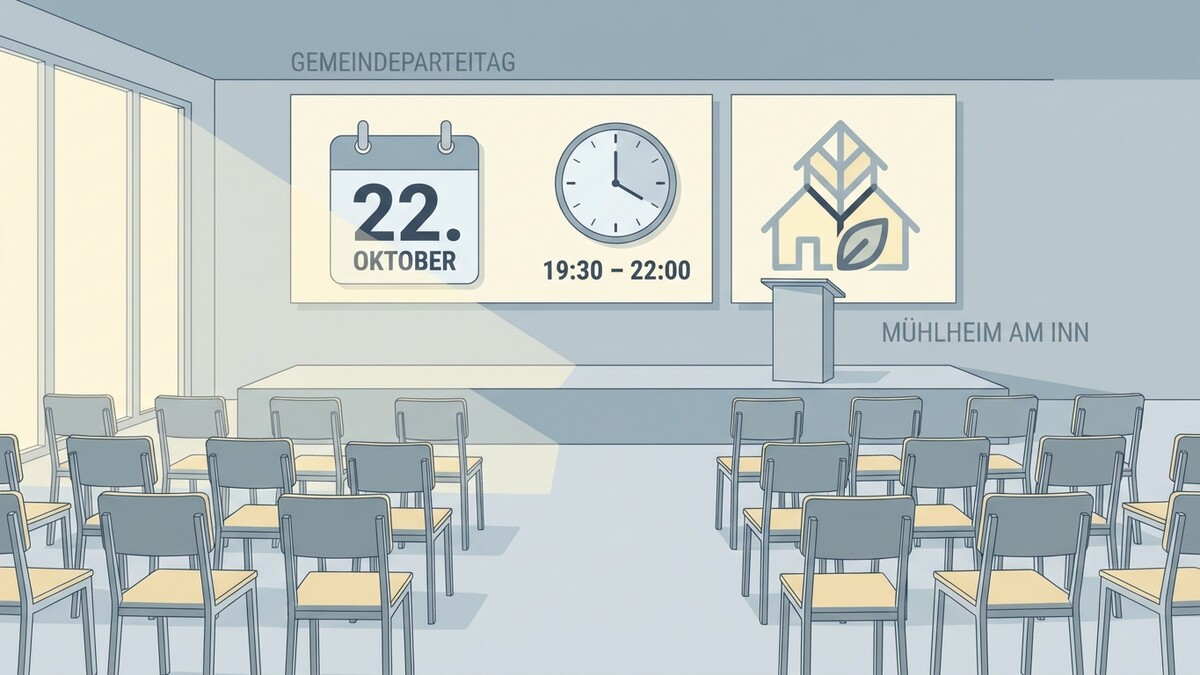 Gemeindeparteitag Mülheim am Inn am 22. Oktober von 19:30 bis 22:00 Uhr mit Kalender und Uhr