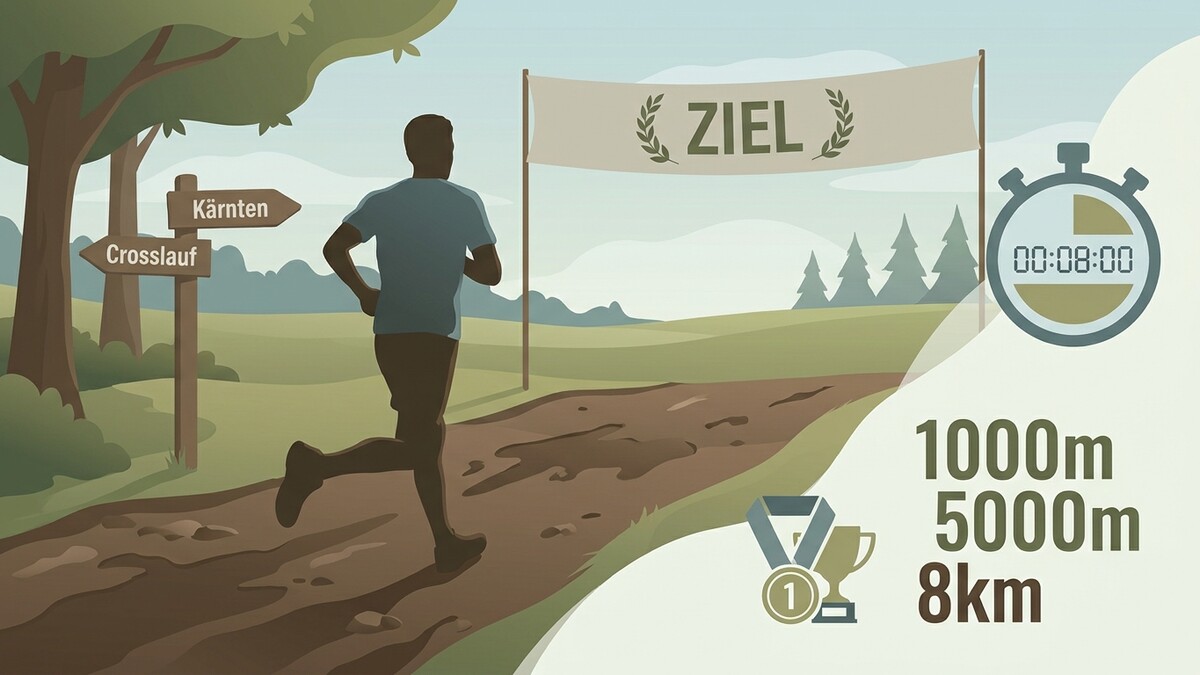Crosslauf-Läufer nähert sich dem Ziel in Kärnten mit Stoppuhr und Distanzen