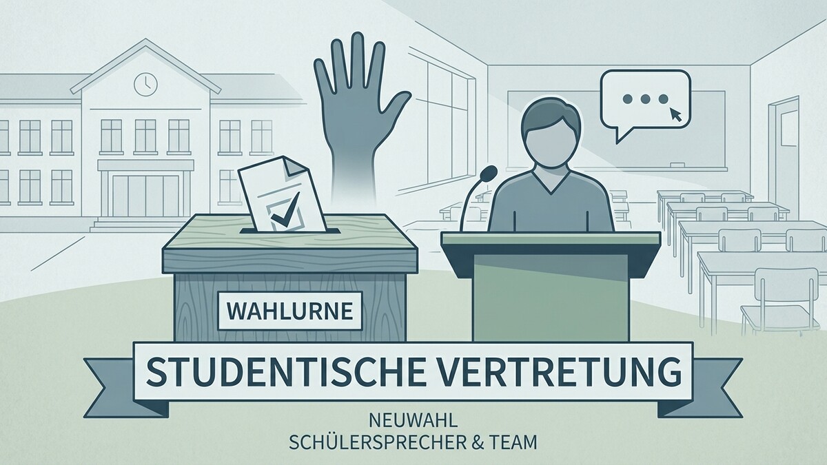 Studentische Vertretung mit Wahlurne und Redner am Rednerpult vor Schulgebäude