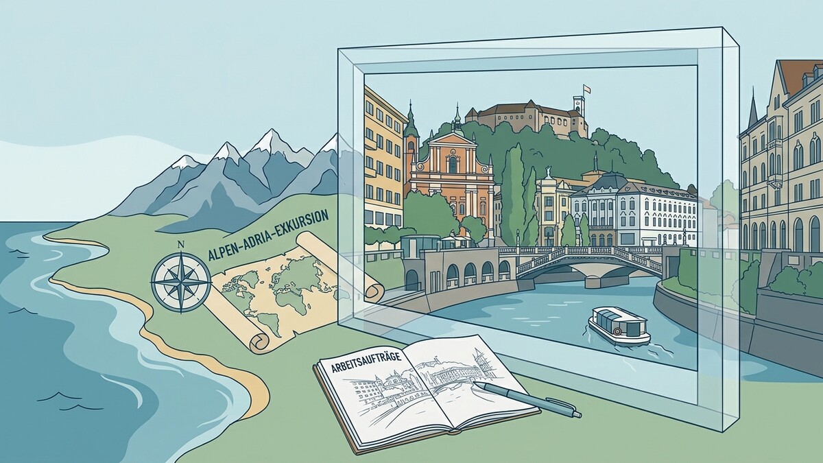Alpen-Adria-Exkursion: Stadtansicht von Ljubljana mit Burg, Fluss und Brücken