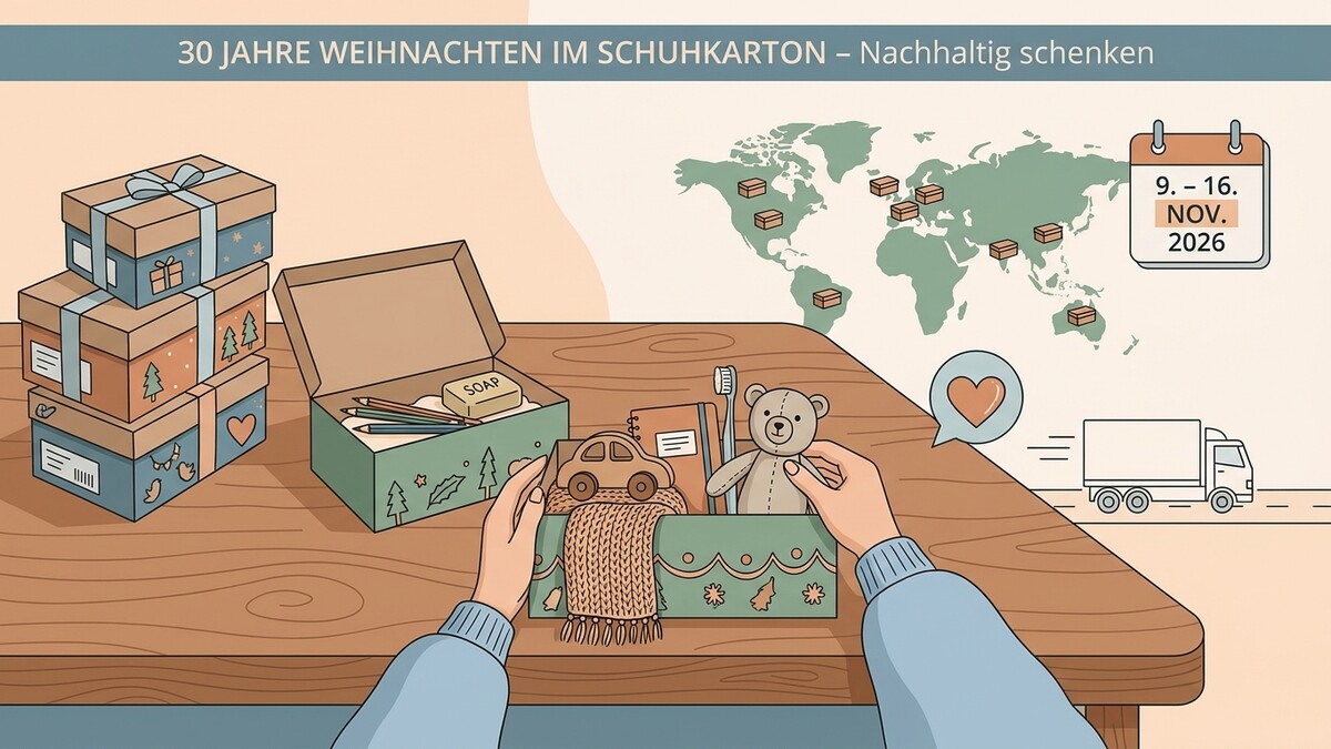 Schuhkartons packen für Weihnachten: Weltkarte mit Paketen, Kalender und LKW