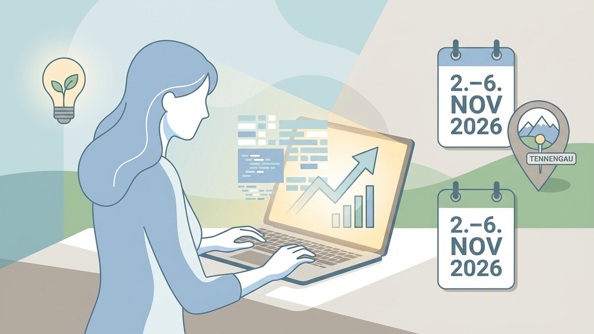 Frau am Laptop mit Wachstumsgrafik, Kalender und Ortmarkierung Tennengau
