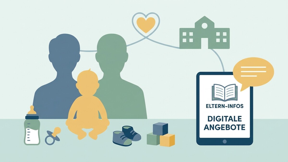 Eltern-Infos digitale Angebote: Familie, Baby, Schule und Tablet mit Sprechblase