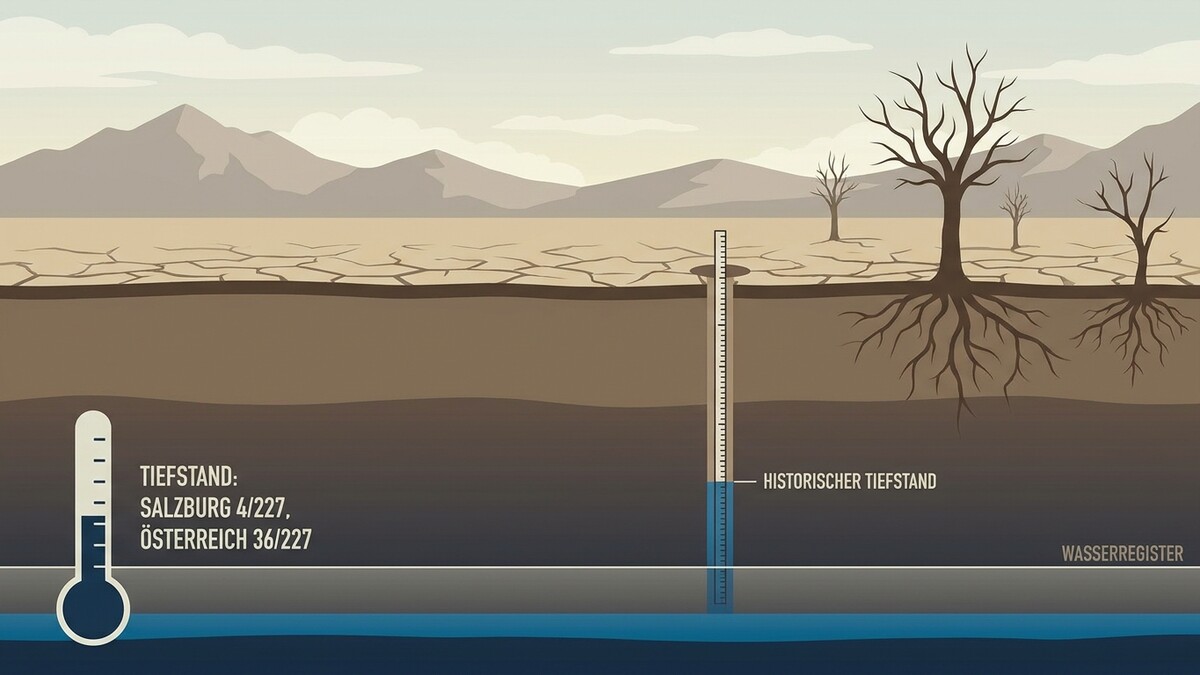 Wasserstandsanzeige Österreich zeigt extremen Tiefstand von Salzburg & Österreich im Wasserregister.