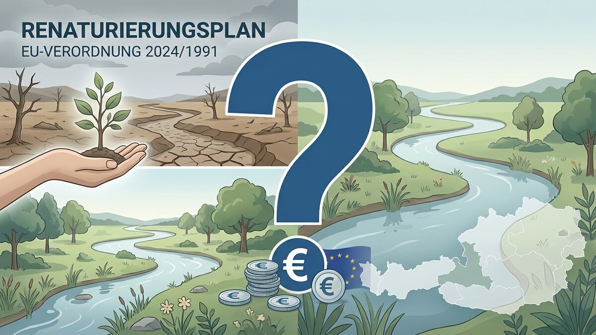 Renaturierungsplan EU-Verordnung 2024/1991: trockene Landschaft und Flusslandschaft mit Euro-Münzen
