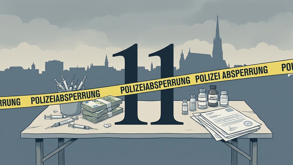 Polizeiabsperrung mit Spritzen, Geld, Medikamenten und Dokumenten vor Wiener Stadtsilhouette