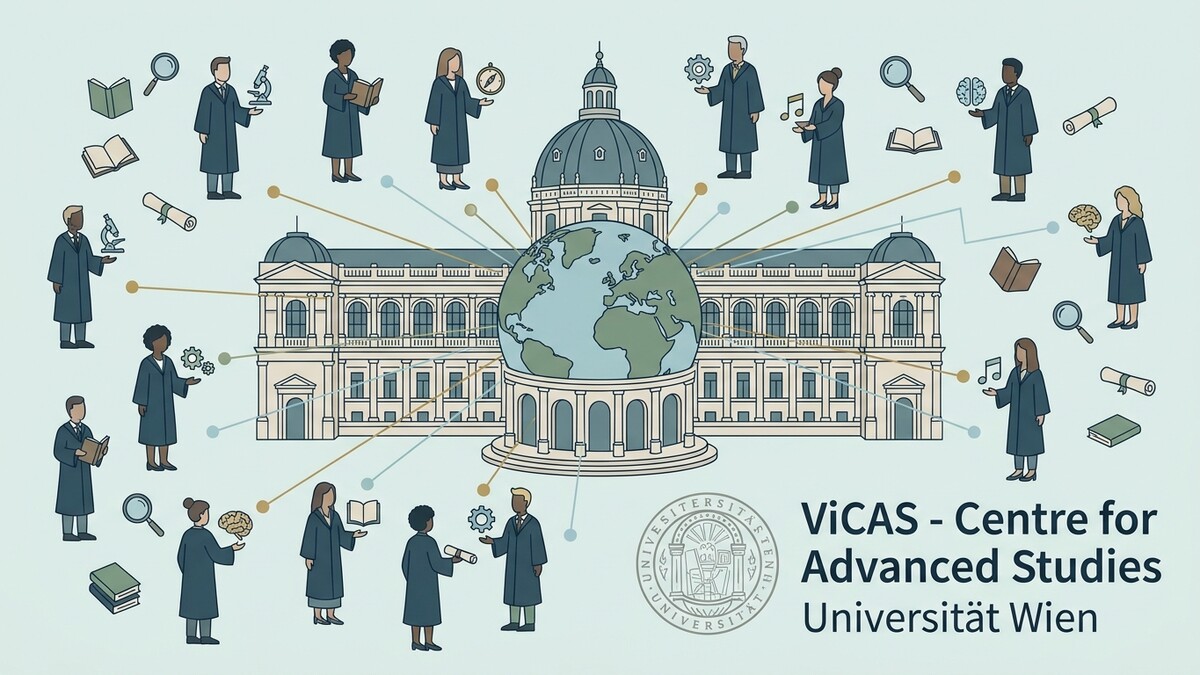Universität Wien: ViCAS Centre for Advanced Studies mit Gebäude und Erdball