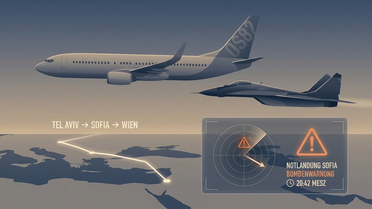 Flugzeug OS82 von Tel Aviv nach Wien wird von Militärjet begleitet, Notlandung Sofia.