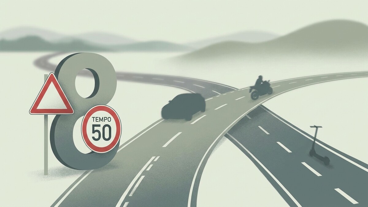 Verkehrsschilder 8 und Tempo 50, Auto, Motorrad und E-Scooter auf Straßenkreuzung