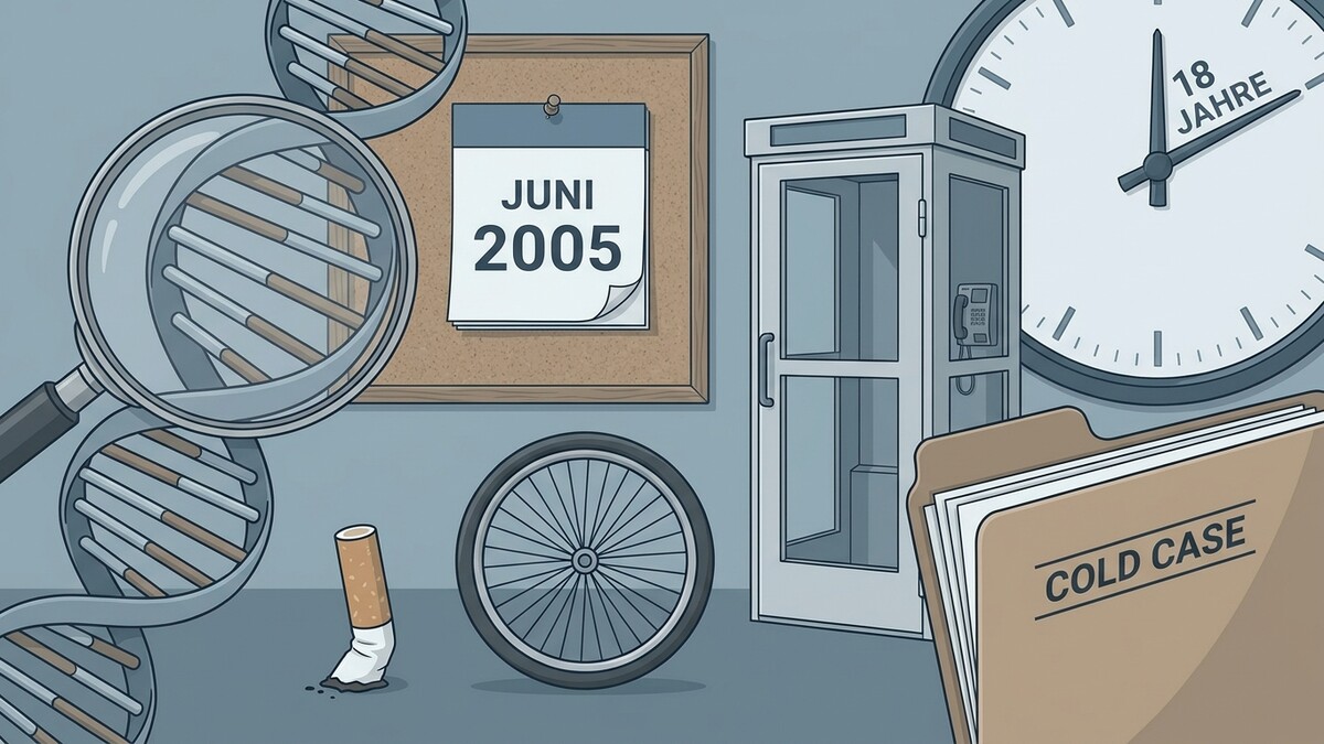 Cold Case Akte mit DNA-Strängen, Kalender Juni 2005, Telefonzelle, Uhr und Zigarettenstummel