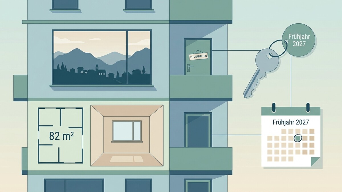 Wohnungsschlüssel mit Anhänger "Frühjahr 2027" und Kalender, Wohnungsgrundriss 82 m²