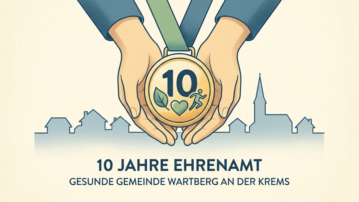 Ehrenamt Wartberg an der Krems: Medaille mit 10, Blatt, Herz und Läufer vor Silhouette