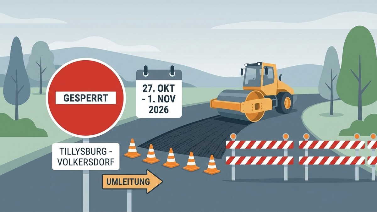Straßensperre Tillysburg - Volkersdorf 27. Okt. - 1. Nov. 2026 mit Walze und Umleitung