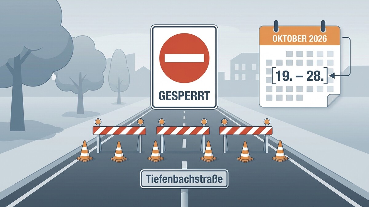 Straßensperre Tiefenbachstraße von 19. bis 28. Oktober 2026 mit Verkehrszeichen und Baken