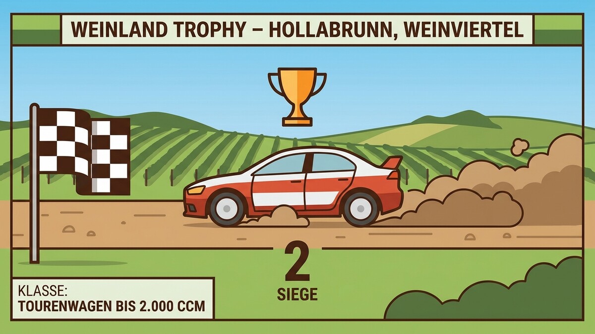 Weinland Trophy Hollabrunn: Rennwagen mit Zielflagge und Pokal vor Weingärten