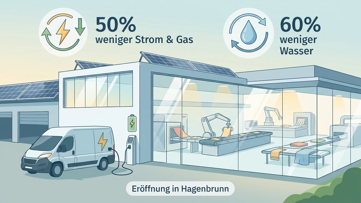 Hagenbrunn: Fabrik mit Elektroauto und Roboterarmen spart 50% Strom und 60% Wasser