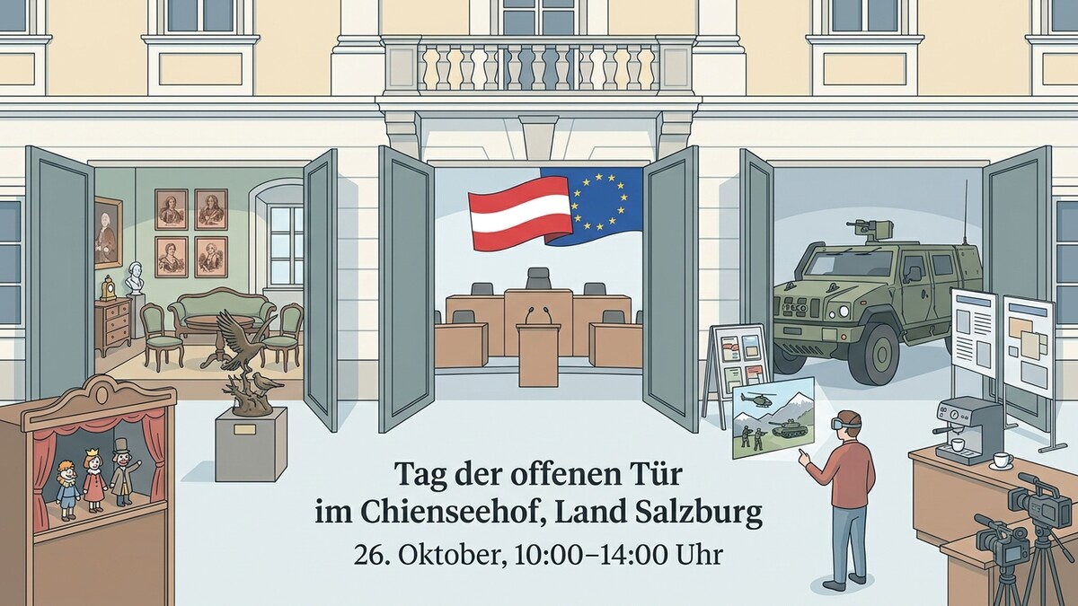 Tag der offenen Tür im Chiemseehof, Land Salzburg mit Militärfahrzeug und VR-Erlebnis