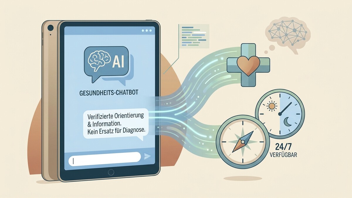 Gesundheits-Chatbot mit KI-Gehirn, Kreuzsymbol und Uhren, die 24/7 Verfügbarkeit anzeigen