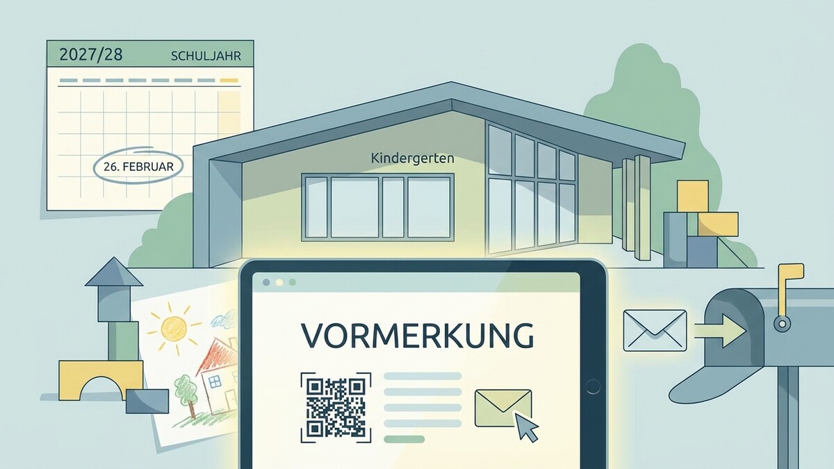 Vormerkung für Kindergarten: Kalender mit 26. Februar, Tablet mit QR-Code und Gebäude