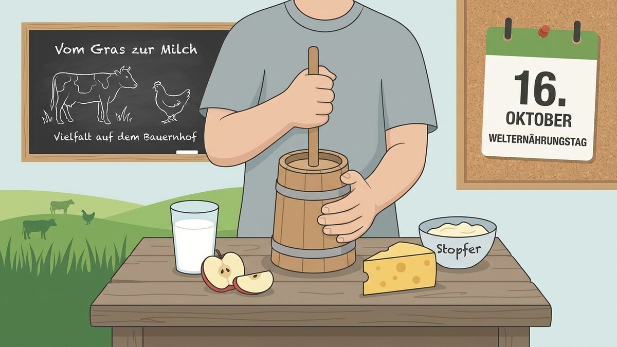 Butterfass mit Apfel und Käse auf Tisch, Kalender Welt-Ernährungstag