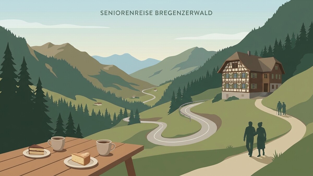 Bregenzerwald: Bergpanorama mit Haus, Straße, zwei Kaffee und Kuchen, zwei Paare