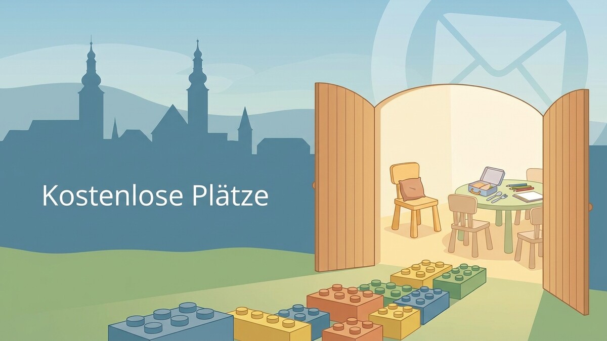 Kostenlose Plätze: bunte Bausteine führen zu einem Raum mit Kindertisch, Stühlen und einer Brotzeitbox