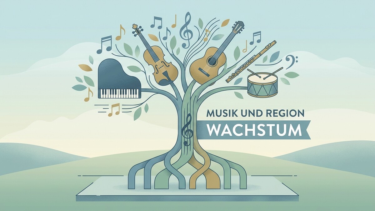 Musikbaum mit Instrumenten und Noten als Symbol für Wachstum in der Region
