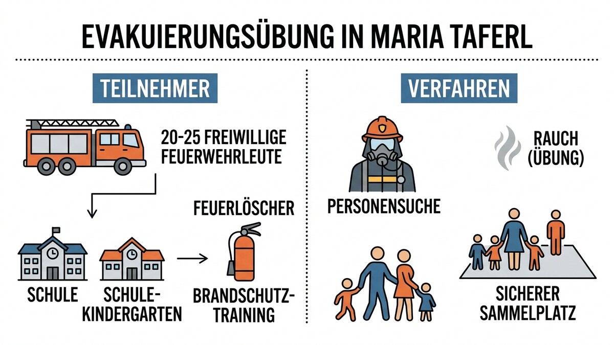 Evakuierungsübung Maria Taferl: Feuerwehr, Brandschutztraining, Personensuche und Sammelplatz