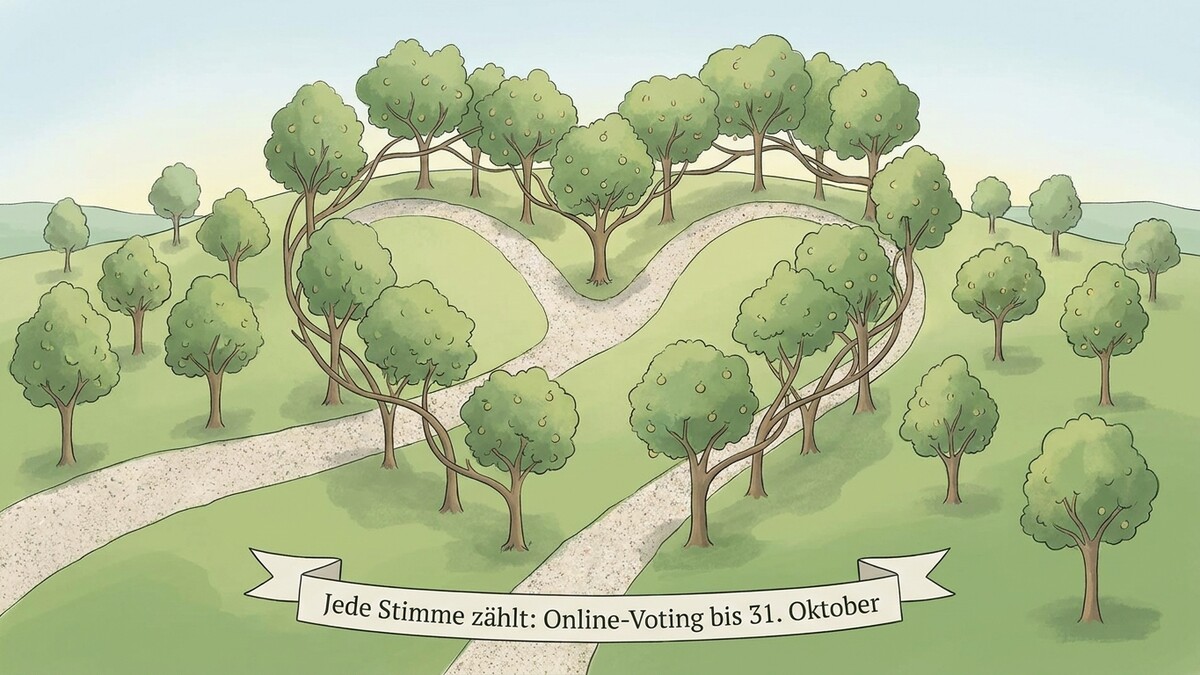 Herzförmige Baumallee mit Weggabelung und Banner "Jede Stimme zählt: Online-Voting bis 31. Oktober"