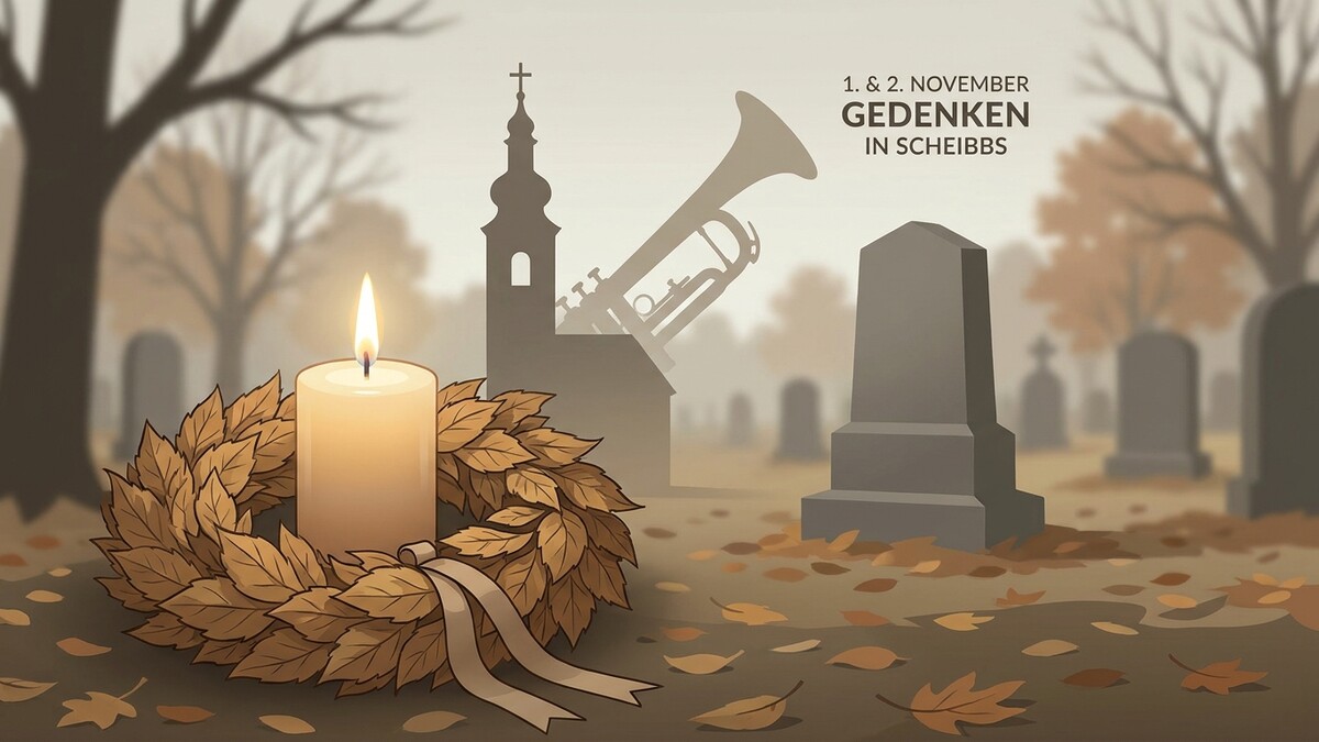 Gedenken in Scheibbs: Kerze, Kranz, Trompete und Kirche auf Friedhof