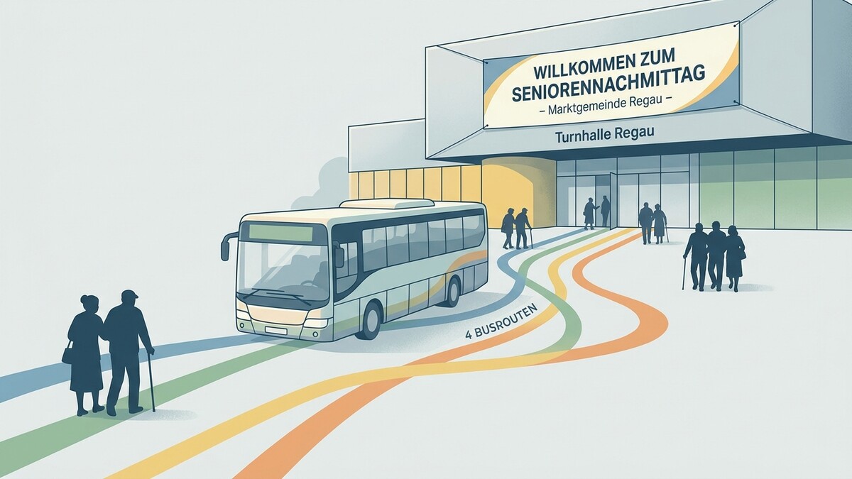 Senioren beim Seniorennachmittag in der Turnhalle Regau, Ankunft per Bus.