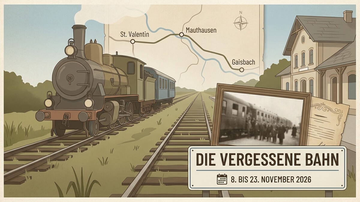 Dampflokomotive mit Waggons auf Gleisen bei Mauthausen, Oberösterreich, mit historischem Foto