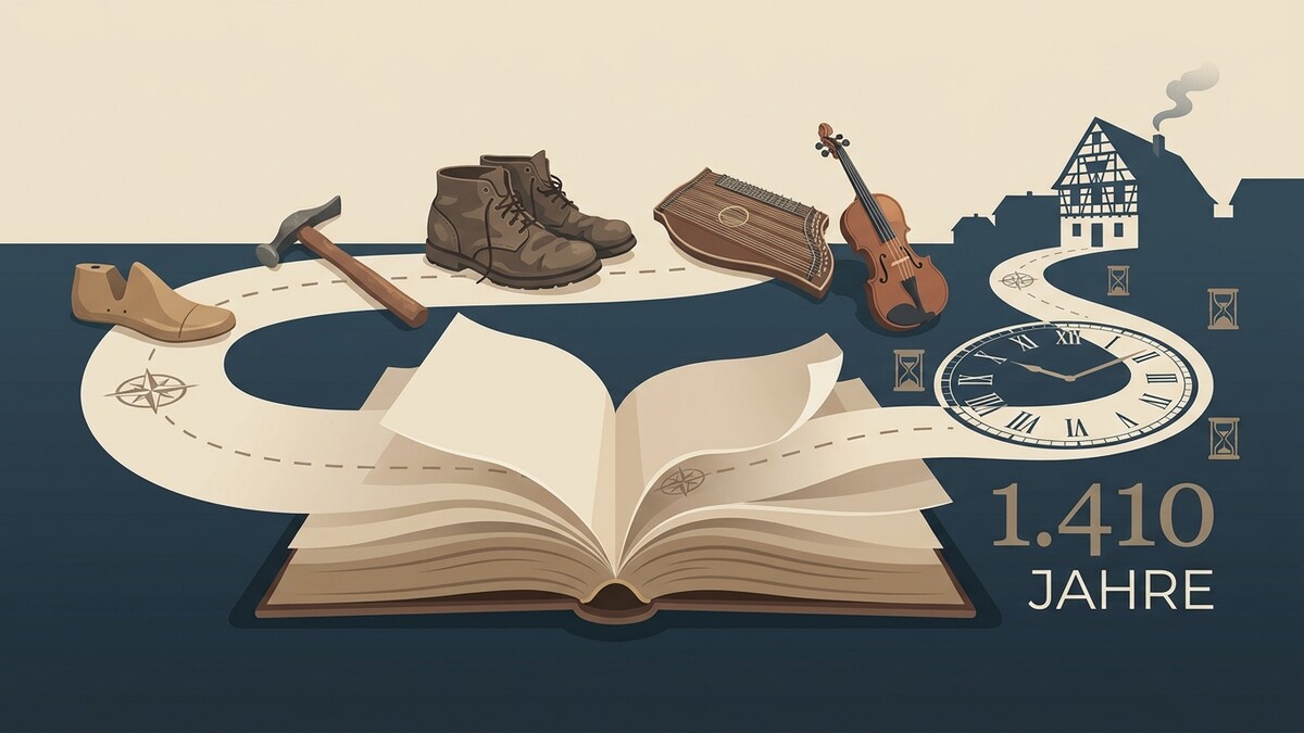 Zeitreise: offenes Buch, Werkzeug, Schuhe, Instrumente, Uhr, Haus, 1.410 Jahre