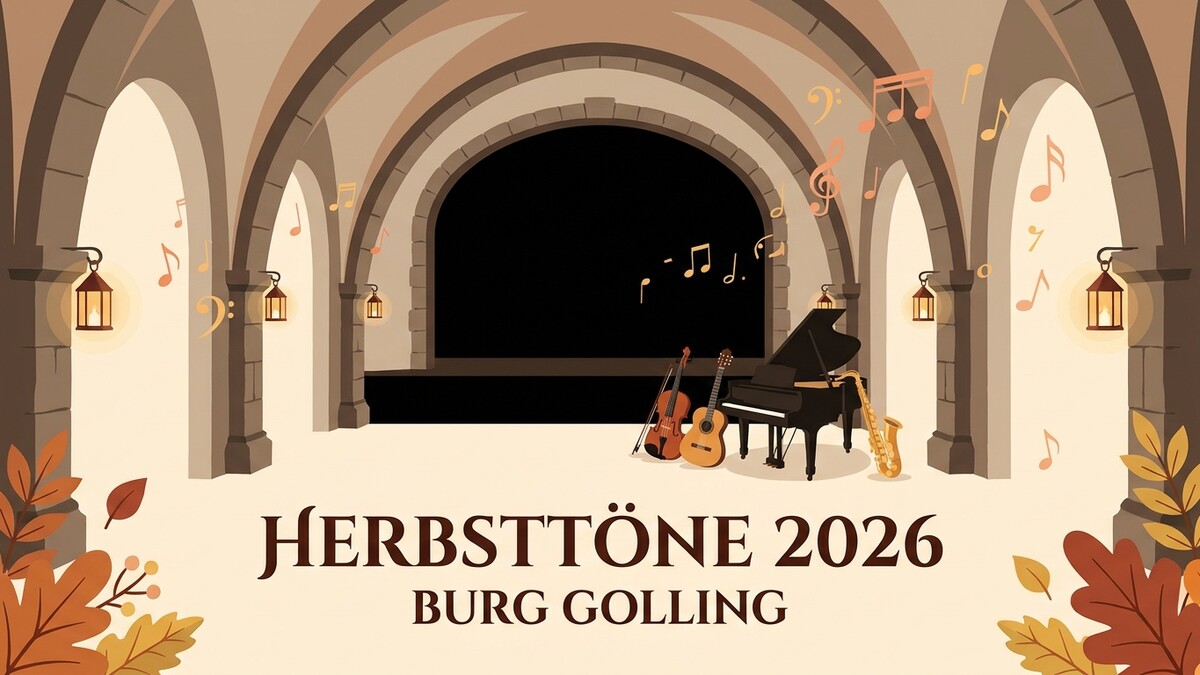 Herbsttöne 2026 Burg Golling: Klavier, Saxophon, Gitarre und Geige vor einem Torbogen