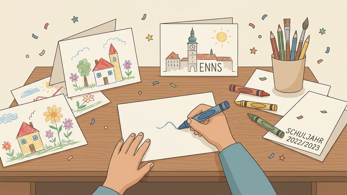 Enns Stadtansicht auf Grußkarte, Kinderzeichnungen und Schuljahr 2022/2023.