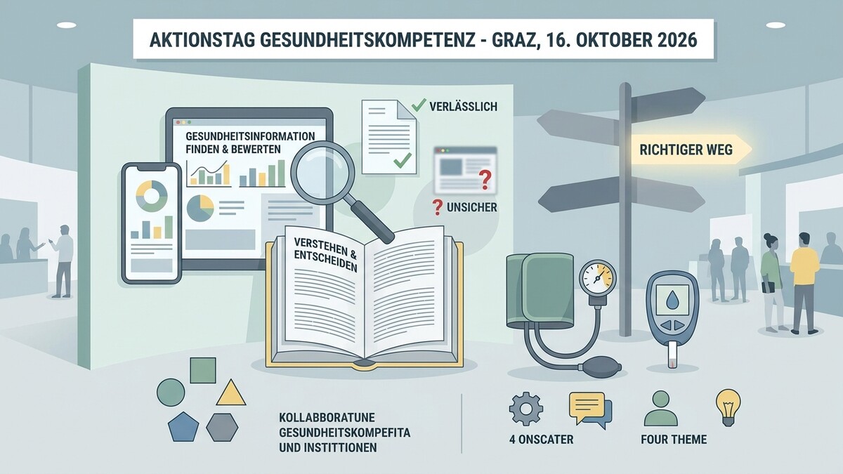 Aktionstag Gesundheitskompetenz Graz zeigt medizinische Geräte, Buch und Infografiken zur Orientierung.
