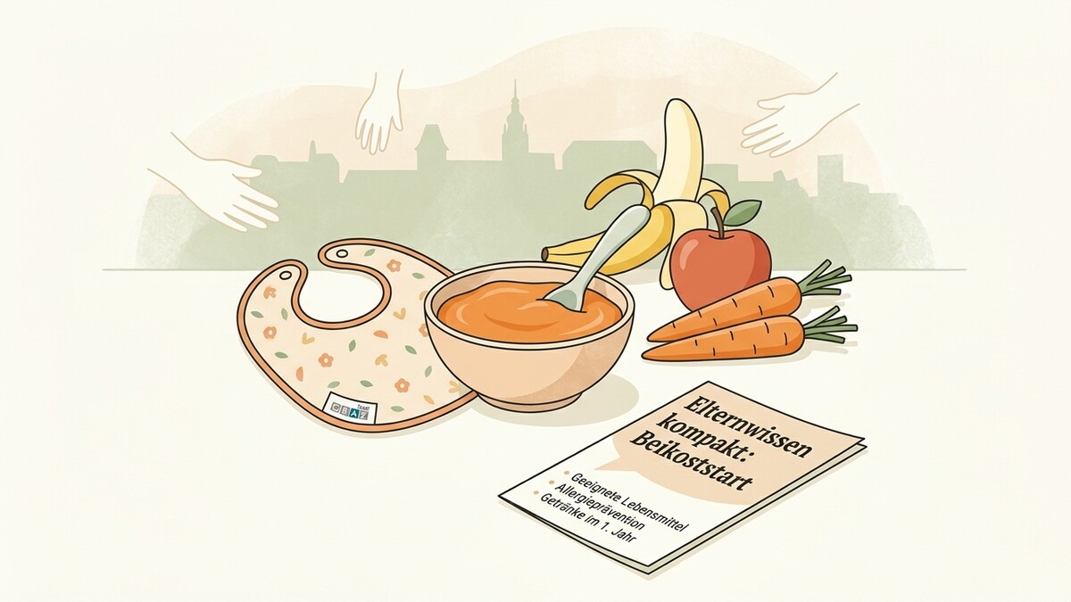 Beikoststart: Lätzchen, Brei, Obst und Gemüse vor Stadtkulisse