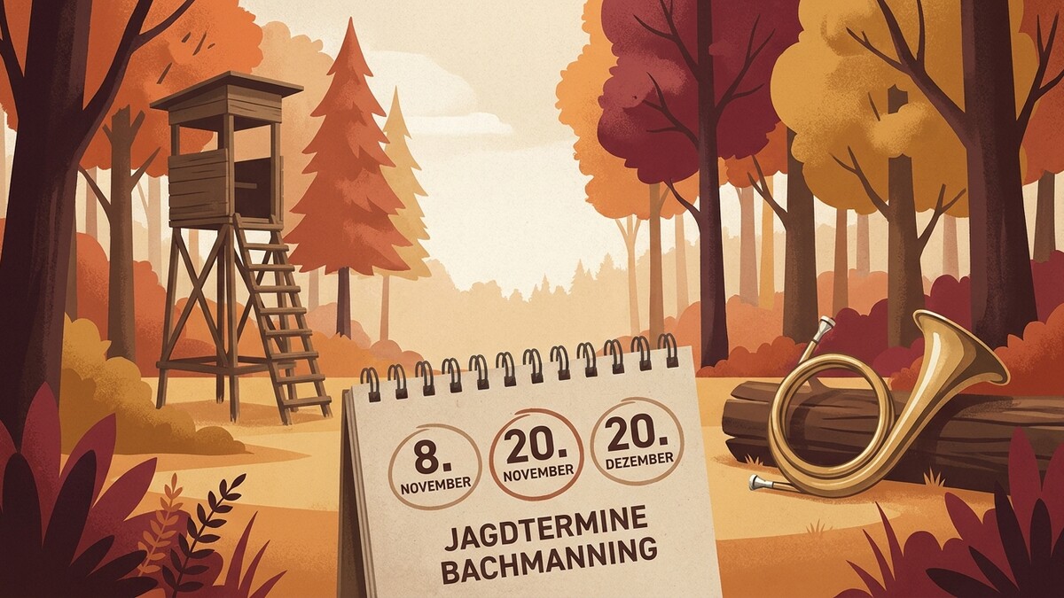 Jagdtermine Bachmann mit Kalender und Jagdhorn im Herbstwald